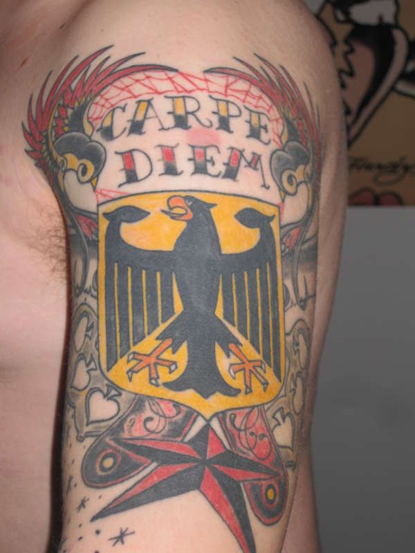 German Eagle With Crown Colored Ink Chest Tattoo
