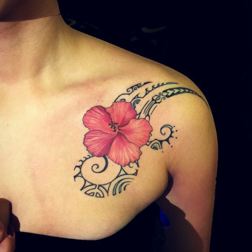 Premium Vector  Tropical exotic hibiscus blue red flower tattoo silhouette  drawinghawaiian floral stencil design