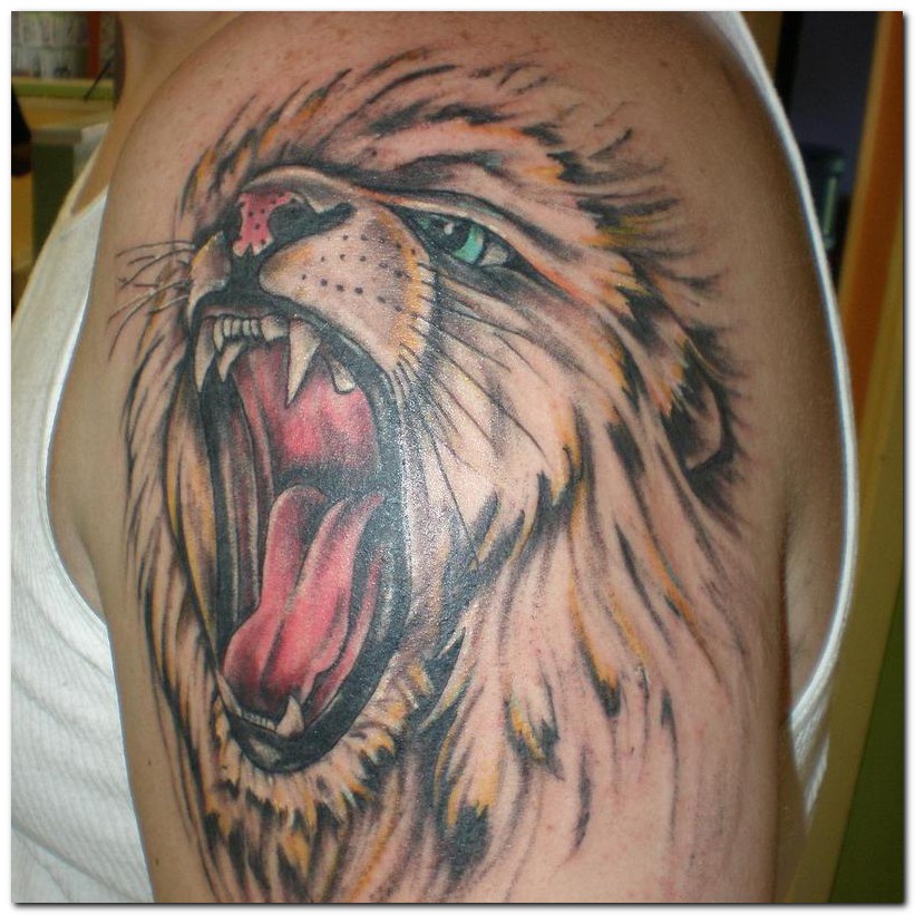 Tribal Lion Head Tattoo On Left Half Sleeve